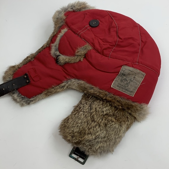 Mad Bomber Rabbit fur Nylon winter hat Red Brown Adjustable strap Linef Sz Small - Picture 5 of 12
